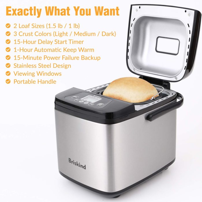 Briskind 19-in-1 Compact Bread Maker Machine, 1.5 lb / 1 lb Loaf Small Breadmaker with Carrying Handle, Including Gluten Free, Dough, Jam, Yogurt Menus, Bake Evenly, Automatic Keep Warm, 3 Crust Color - Image 6