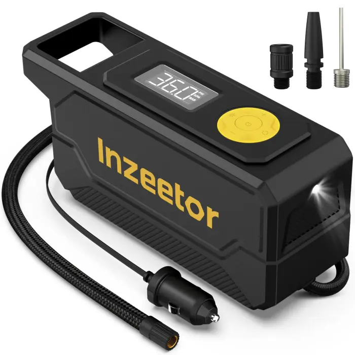 Inzeetor 150 PSI Tire Inflator Portable Air Compressor, 12V DC Auto Shutoff Air Pump with Digital Pressure Gauge and Emergency LED Light for Car Tires, Bicycle & Balloons, Black - Image 1