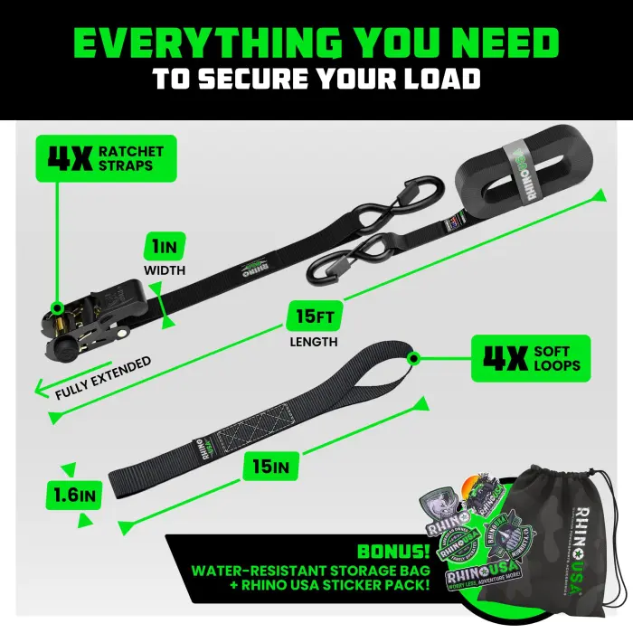 Rhino USA Ratchet Straps Tie Downs (4-Pack) - 1 Inch x 15 Feet (1,823lb Break Strength) - Ultimate Tie Down Straps with Safety S Hooks - for Trucks, Cargo, Moving, Appliances - Black - Image 4