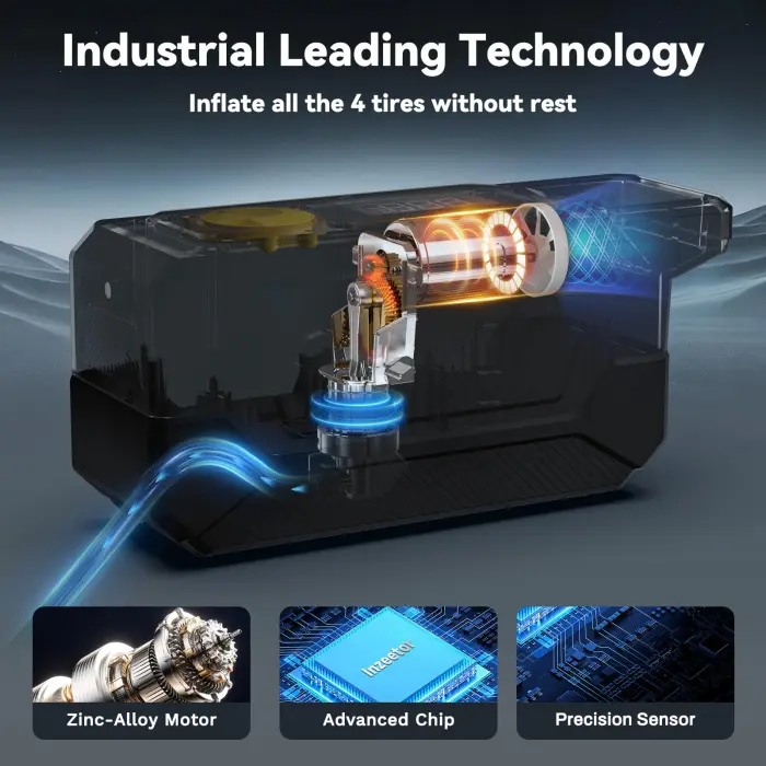 Inzeetor 150 PSI Tire Inflator Portable Air Compressor, 12V DC Auto Shutoff Air Pump with Digital Pressure Gauge and Emergency LED Light for Car Tires, Bicycle & Balloons, Black - Image 8