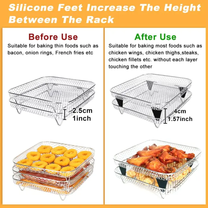 BYKITCHEN 8 inch Square Air Fryer Rack, 3pcs Stackable Stainless Steel Dehydrator Rack with Silicon Feet, Square Air Fryer Accessories for Cosori, Instant Vortex, Ninja Pro XL 6.5 QT AF181 & More - Image 5