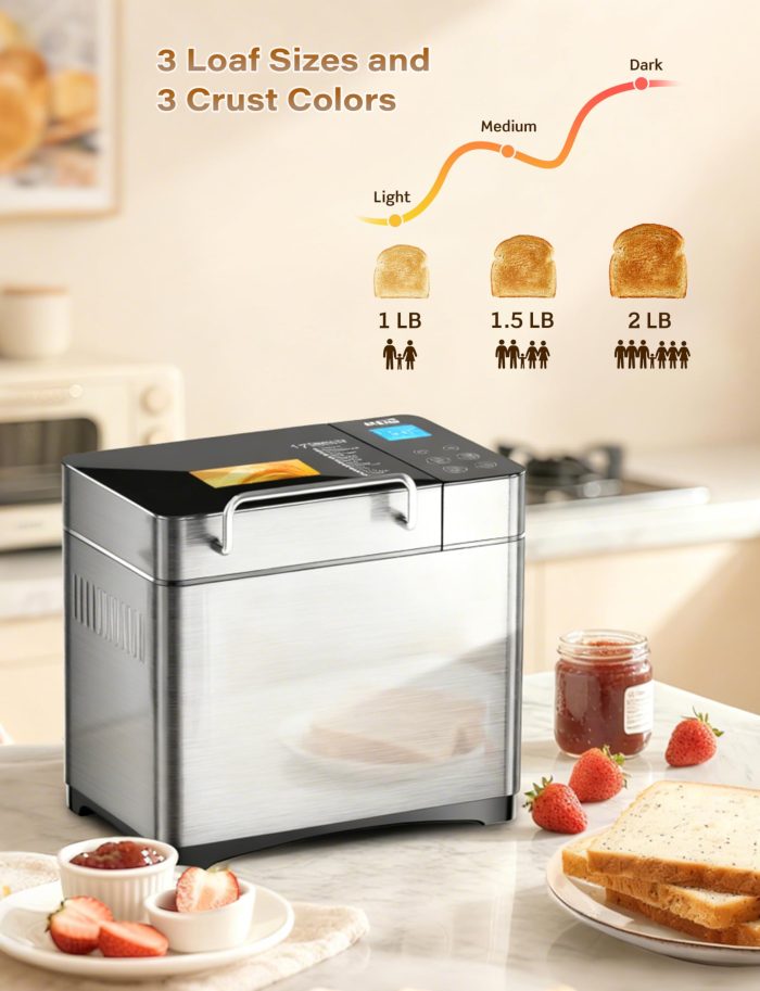 KBS Pro 710W Bread Maker, 2LB 17-in-1 Automatic Bread Machine with Healthy Ceramic Pan, Nut Dispenser, Tempered Glass Touch Panel, Stainless Steel Housing,3 Crust Colors, 15H Timer&Keep-Warm, Recipe - Image 3