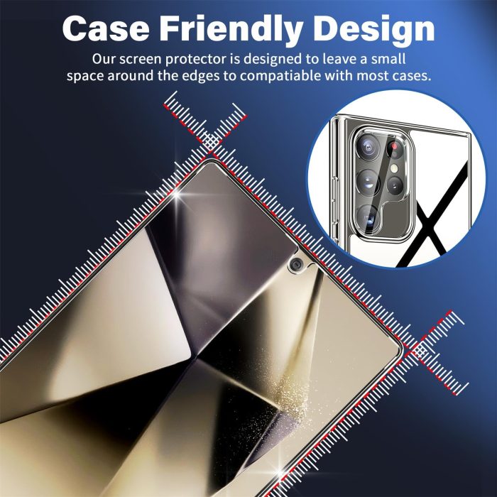 firtstnow 3 Pack Glass Screen Protector for Samsung Galaxy S25 Ultra [6.9 inch] + 3 Pack Camera Lens Protector, 9H Tempered Glass, Fingerprint Unlock, HD Clear Case Friendly Anti-Scratch - Image 4