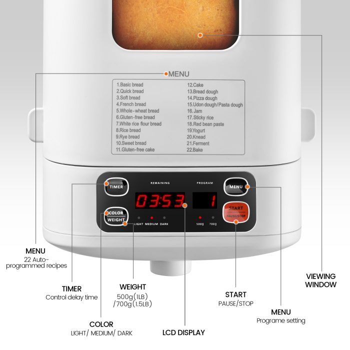 KOKUKAKU 22-In-1 Compact Automatic Bread Maker Machine, 1LB/1.5LB Programmable 2 Loaf Sizes, 3 Crust Colors, Small Digital Home Bakery with Dough, Cake, Jam, Yogurt, Non-stick Pan, White - Image 8