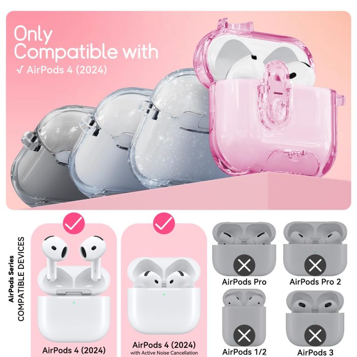 Skyconser with Safety Lock for Apple AirPods 4 Case 2024,Clear Cases with Phone Stand & Cleaning Kit,Soft TPU Cover for AirPods 4th Generation Case,Cute Bling Keychain for Women Girls-Clear Pink - Image 8