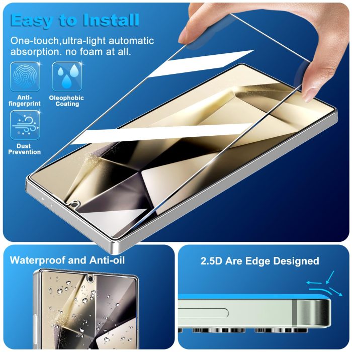 firtstnow 3 Pack Glass Screen Protector for Samsung Galaxy S25 Ultra [6.9 inch] + 3 Pack Camera Lens Protector, 9H Tempered Glass, Fingerprint Unlock, HD Clear Case Friendly Anti-Scratch - Image 5