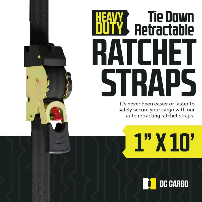 DC Cargo Mall Auto Retractable Ratchet Straps (2-Pack) 1” x 10ft, Heavy Duty, 1,209lb Break Strength – Tie Down Straps for Cargo, Truck, Trailer, Motorcycle, Boat - Image 9