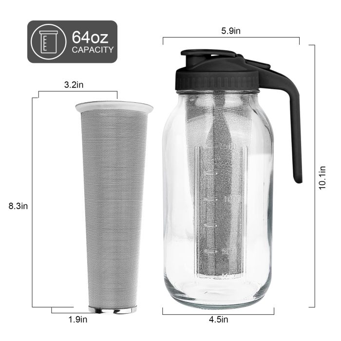 Cold Brew Coffee Maker,64 oz Mason Jar Pitcher with Stainless Steel Filter, Pour Spout Handle Lid, Heavy Duty Glass Airtight & Leak-Proof for Iced Coffee,Tea & Lemonade - Image 2