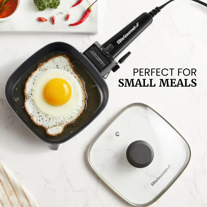 Elite Gourmet EFS059 Personal Electric Skillet, 7” Compact Portable Cooker, Adjustable Temperature, 600W Rapid Heating, Nonstick Surface, Tempered Glass Lid, Removable Handle, Black - Image 2