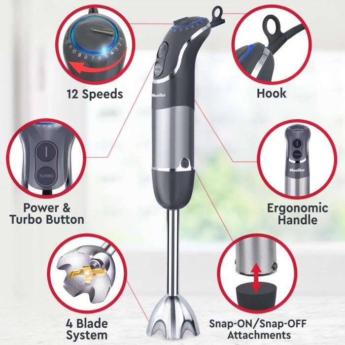 Mueller Multistick 5-in-1 Immersion Blender Handheld,12 Speed Hand Mixer-Turbo Boost,Heaviest Duty Copper Motor,Titanium reinforced Blades Hand Blender,Milk Frother Wand,Whisk,Beaker,Chopper,Grey - Image 8