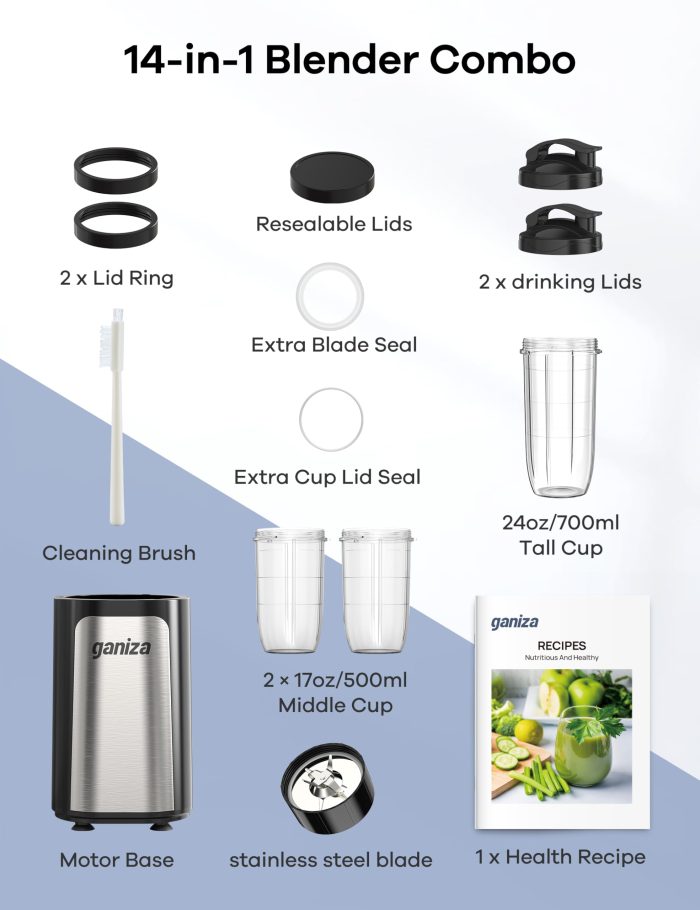 Ganiza Blender for Smoothies, 14Pcs Personal Blender for Shake and Smoothies for Kitchen with 3 Portable Cups (1x24oz & 2X17oz), Single Serve Smoothie Maker, Nutritious Recipe - Image 2