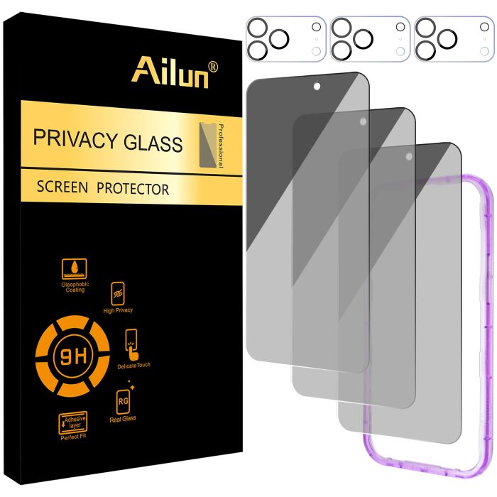 Ailun 3 Pack for iPhone 17 Pro Max Privacy Screen Protector [6.9 inch]+ 3 Pack Camera Lens Protector with Installation Frame,Dynamic Island Compatible,Anti Spy Tempered Glass[9H Hardness]-HD - Image 1