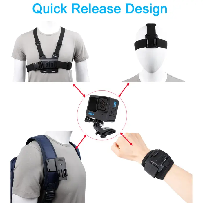 Accessories Set for GoPro Hero 13/12/11/10/9/8/7/6/5/4,New Quick Release Head Strap Mount + Chest Mount Harness + Backpack Clip Holder + 360°Rotating Wrist Strap - Image 7