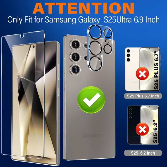 firtstnow 3 Pack Glass Screen Protector for Samsung Galaxy S25 Ultra [6.9 inch] + 3 Pack Camera Lens Protector, 9H Tempered Glass, Fingerprint Unlock, HD Clear Case Friendly Anti-Scratch - Image 7