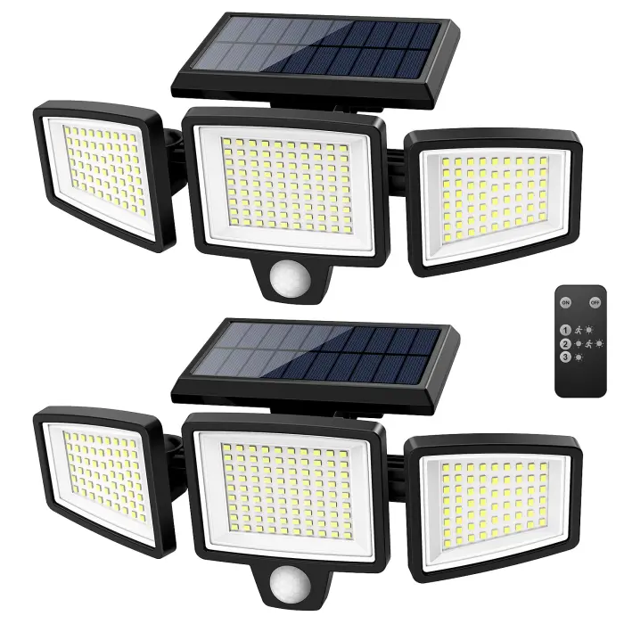 Tuffenough Solar Outdoor Lights 2500LM 210 LED Security Lights with Remote Control,3 Heads Motion Sensor Lights, IP65 Waterproof,270° Wide Angle Flood Wall Lights with 3 Modes(2 Packs) - Image 1