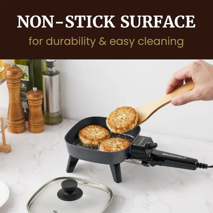 Elite Gourmet EFS059 Personal Electric Skillet, 7” Compact Portable Cooker, Adjustable Temperature, 600W Rapid Heating, Nonstick Surface, Tempered Glass Lid, Removable Handle, Black - Image 3