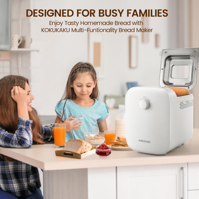 KOKUKAKU 22-In-1 Compact Automatic Bread Maker Machine, 1LB/1.5LB Programmable 2 Loaf Sizes, 3 Crust Colors, Small Digital Home Bakery with Dough, Cake, Jam, Yogurt, Non-stick Pan, White - Image 5