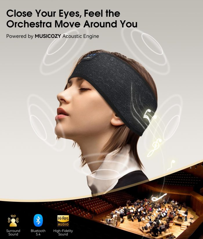 MUSICOZY Sleep Headphones Bluetooth 5.4 Headband, Wireless Earphones Music Sleep Earbuds Sleeping Eye Mask with HD Stereo Speakers for Workout Running Travel Yoga, Ideal Gifts for Men Women(Black) - Image 6