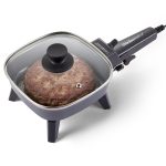 Elite Gourmet EFS059 Personal Electric Skillet, 7” Compact Portable Cooker, Adjustable Temperature, 600W Rapid Heating, Nonstick Surface, Tempered Glass Lid, Removable Handle, Black