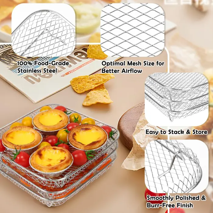 BYKITCHEN 8 inch Square Air Fryer Rack, 3pcs Stackable Stainless Steel Dehydrator Rack with Silicon Feet, Square Air Fryer Accessories for Cosori, Instant Vortex, Ninja Pro XL 6.5 QT AF181 & More - Image 4