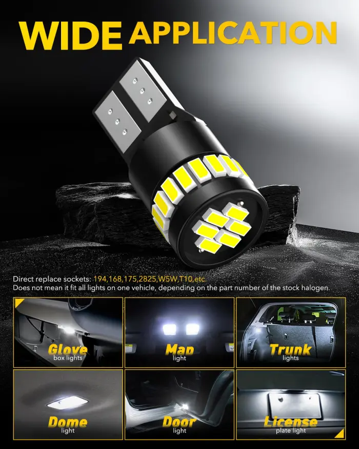 AUXITO 194 LED Light Bulb 6000K White 168 2825 W5W T10 Wedge 24-SMD 3014 Chipsets LED Replacement Light Kit Error Free for Car Interior Dome Map Door License Marker Lights, Pack of 10 - Image 5