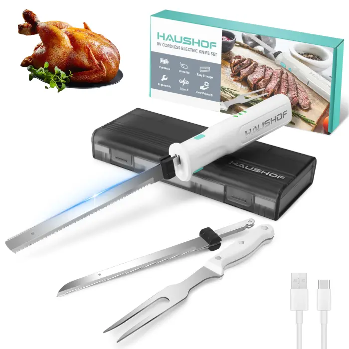 71kE7GRoSkL HAUSHOF Cordless Electric Knife Set for Meat Slicing, 8V Electric Carving Knife for Fish, Bread, Turkey, Rechargeable Meat Cutter with Reciprocating Stainless Steel Blades, Safety Lock & Storage Case - Image 1