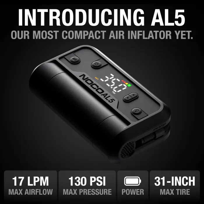 NOCO Air AL5: UltraFast 5A Cordless Tire Inflator – Portable Battery-Powered Air Compressor Pump – 17 SLPM Airflow Inflates 0–40 PSI in 7 Minutes – Digital Gauge + Auto-Shutoff - Image 8
