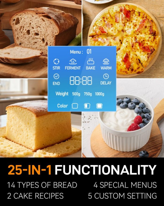 MERIOR 25-IN-1 Bread Maker with Visible Lid | 2lb Automatic Machine, Auto Nut Dispenser, 13-Hour Delay Timer, One-Touch Control & Recipes – Easy Operation, High Success for Homemade Bread - Image 7