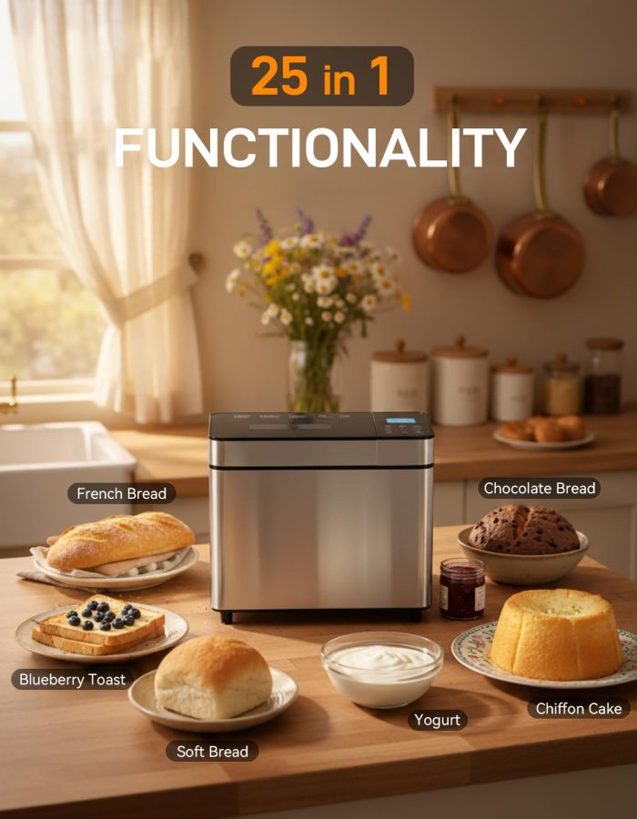 MERIOR 25-IN-1 Bread Maker with Visible Lid | 2lb Automatic Machine, Auto Nut Dispenser, 13-Hour Delay Timer, One-Touch Control & Recipes – Easy Operation, High Success for Homemade Bread - Image 8