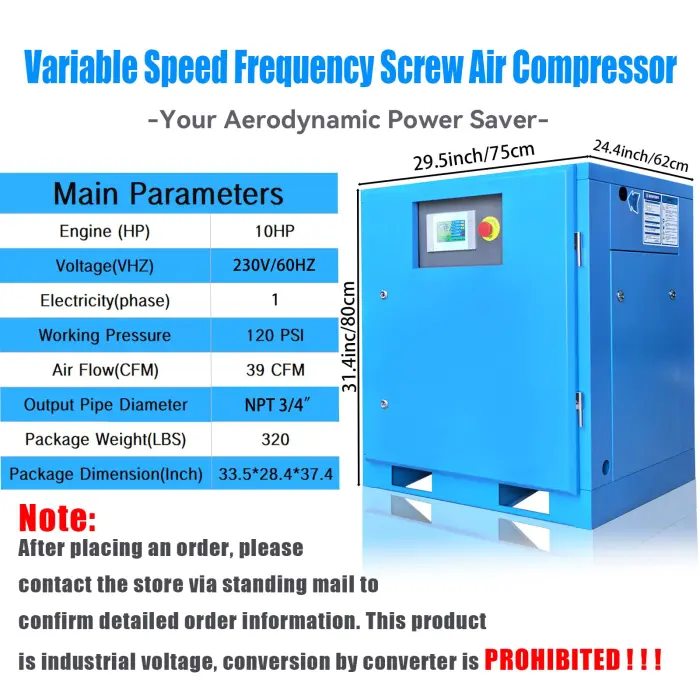 10HP Air Compressor 230V 60Hz 1-Phase Variable Speed Frequency Rotary Screw Air Compressor 39cfm Max Pressure 120 psi Commercial Air Compressed System - Image 7