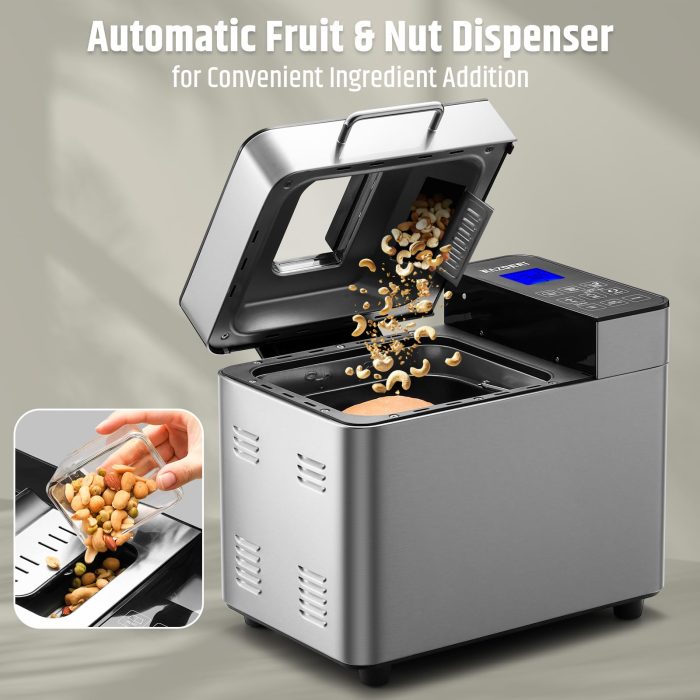 Razorri Bread Maker Machine, 2LB 18-in-1 Programmable Stainless Steel Homemade Bread Machine with Gluten-Free, Auto Nut Dispenser, 15H Delayed-start, 1H Keep Warm, 3 Crust Colors and 3 Loaf Sizes - Image 5