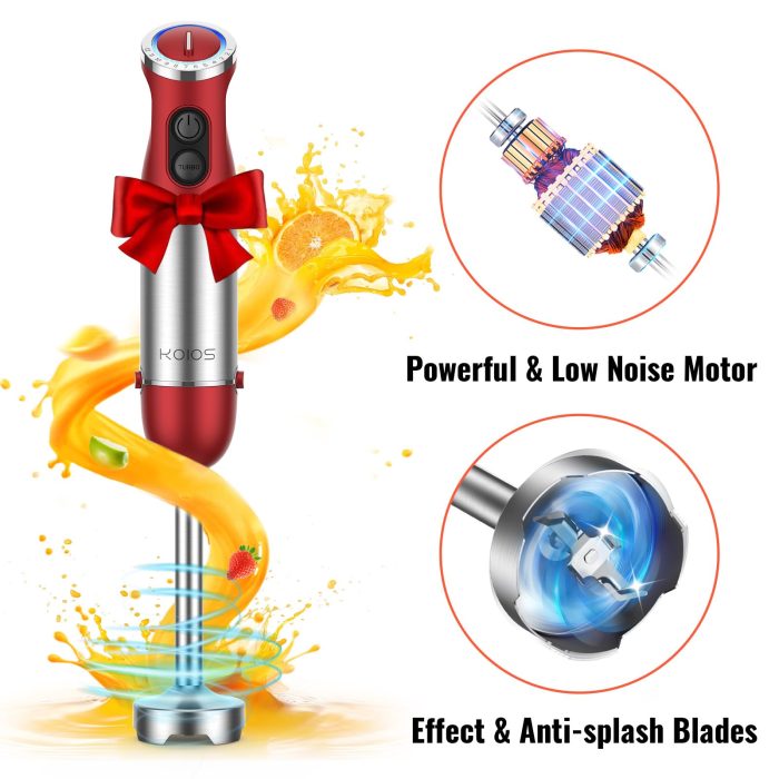 KOIOS 5-in-1 Hand Immersion Blender, 1000W 12 Speed Handheld Blender Stick with Copper Motor Stainless Steel Blade, 600ml Mixing Beaker,500ml Food Processor, Whisk, Milk Frother, Non-BPA, Red - Image 4