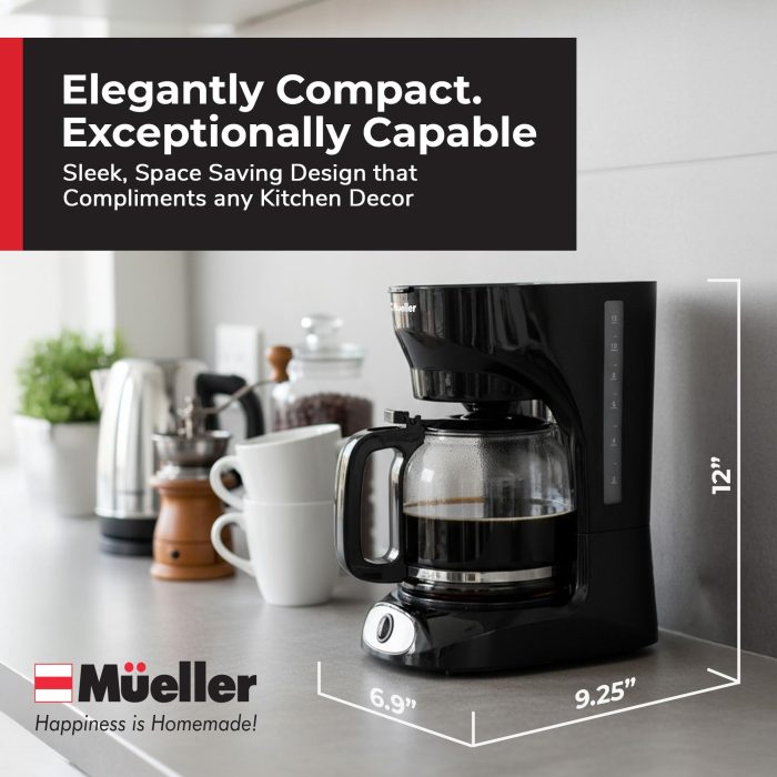 Mueller 12-Cup Drip Coffee Maker - Borosilicate Carafe, Auto-Off, Reusable Filter, Anti-Drip, Keep-Warm Function, Clear Water Level Window Coffee Machine, Kitchen Essentials & Accessories - Image 4