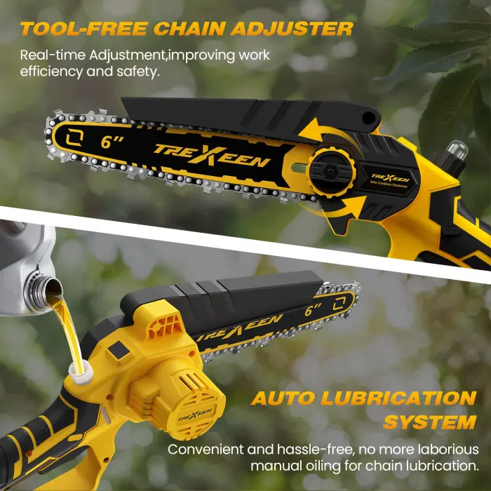 Mini Chainsaw, 6-Inch Electric Chainsaw Cordless, Upgraded 900W Brushless Portable Handheld Small Chain Saw with Auto Chain Regulator & Auto Oiler for Wood Cutting/TreeTrimming/Courtyard Garden - Image 6