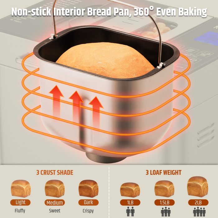 Razorri Bread Maker Machine, 2LB 18-in-1 Programmable Stainless Steel Homemade Bread Machine with Gluten-Free, Auto Nut Dispenser, 15H Delayed-start, 1H Keep Warm, 3 Crust Colors and 3 Loaf Sizes - Image 6