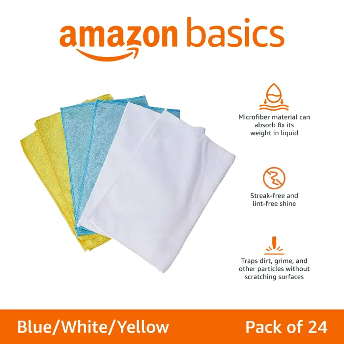 Amazon Basics Microfiber Cleaning Cloths, Ultra Absorbent, Lint Free, Streak Free, Non-Abrasive, Reusable and Washable, 16" x 12", Blue/White/Yellow, Pack of 24 - Image 6