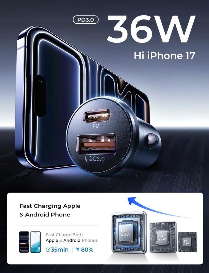 LISEN Car Phone Charger USB C, 54W Cigarette Lighter USB Charger Adapter, Car Accessories for Men, Mini USBC Cars Fast Charging Adapter USBC Type C 12V, for iPhone 17 Pro Max 16 15 14 13 12 Plus Mini - Image 7