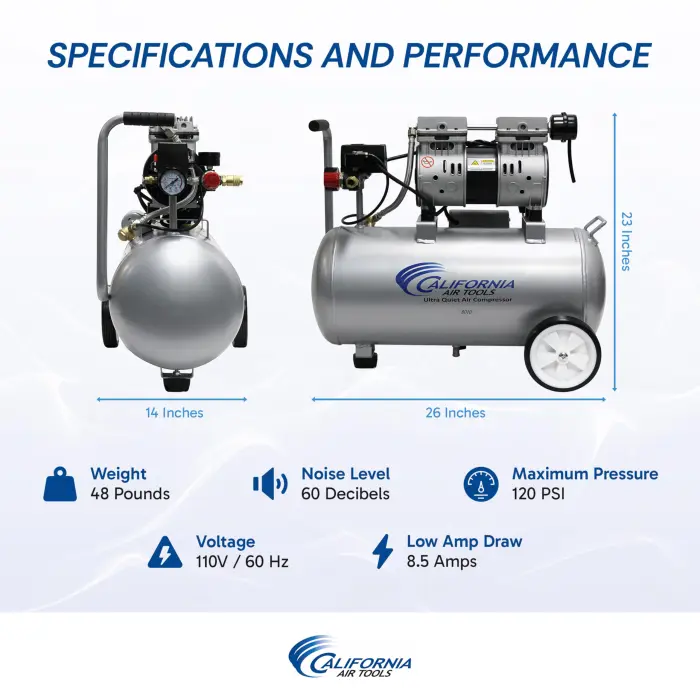 California Air Tools 8010 1.0 HP Ultra Quiet and Oil-Free Air Compressor, 8 Gallon Steel Tank, Lightweight with Wheels, 60 dBA Noise Level - Image 3