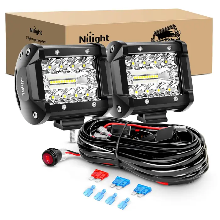 Nilight LED Light Bar 2PCS 60W 4 Inch Flood Spot Combo LED Work Light Pods Triple Row Work Driving Lamp with 12 ft Wiring Harness kit - 2 Leads - Image 1