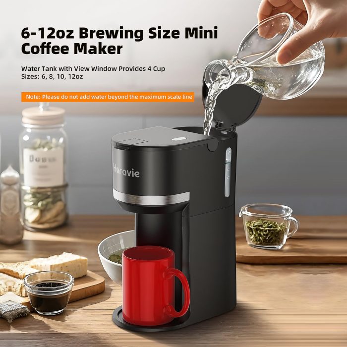 Horavie Mini Single Serve Coffee Maker for K Cup and Ground Coffee, Fast Brew One Cup Coffee Machine with Descaling Reminder and Water Window, 6 to 12 oz. Brew Sizes, Black - Image 3
