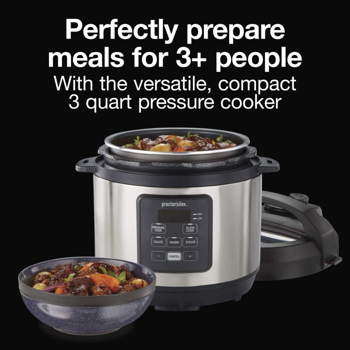 Proctor Silex Proctor-Silex Simplicity 4-in-1 Electric Pressure Cooker, 3 Quart Multi-Function With Slow Cook, Steam, Sauté, Rice, Stainless Steel (34503) - Image 7
