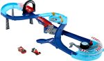 Mattel Disney and Pixar Cars Playset with 2 Toy Cars, Lightning McQueen & Francesco Bernoulli, GRC Jumping Raceway Track Set with Kid-Powered Booster