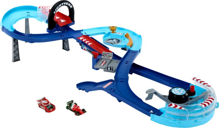 Mattel Disney and Pixar Cars Playset with 2 Toy Cars, Lightning McQueen & Francesco Bernoulli, GRC Jumping Raceway Track Set with Kid-Powered Booster - Image 1