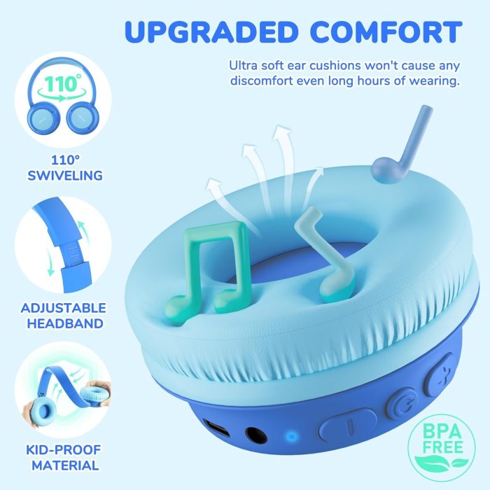 iClever BTH22 Kids Bluetooth Headphones, 60H Play Time, USB C Fast Charging, Bluetooth 5.4, AUX Cord,Safe Volume 74/85 dBA,Toddler Headphones for iPad/Tablet/Travel/School, Blue - Image 2