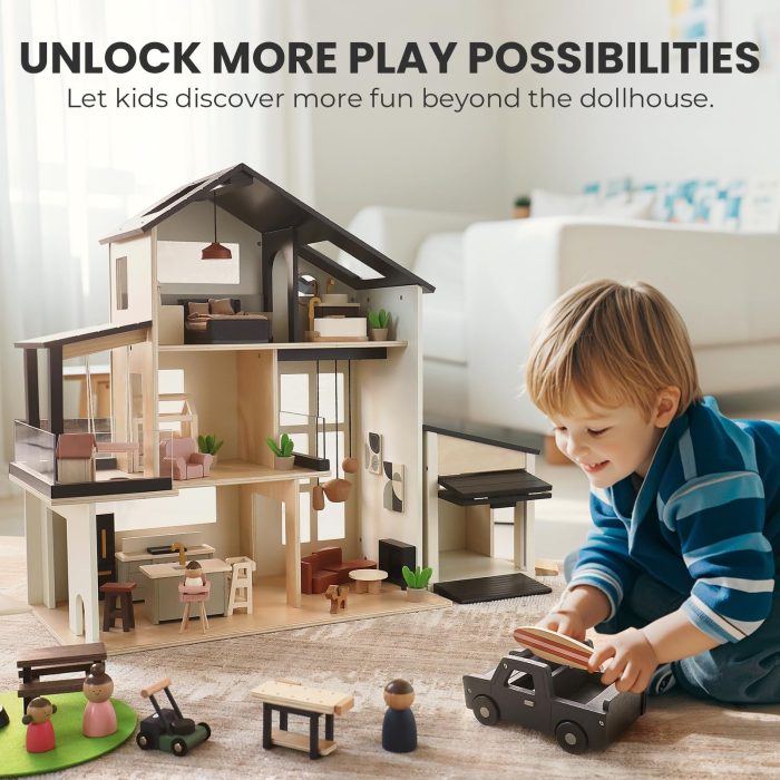 Tiny Land Wooden Dollhouse Garage Set – Realistic Design with Garage, Workbench,Lawn Mower & SUV Car, Expansion Dollhouse Furniture & Accessories for Doll house, Educational Pretend Play Gift for Kids - Image 2