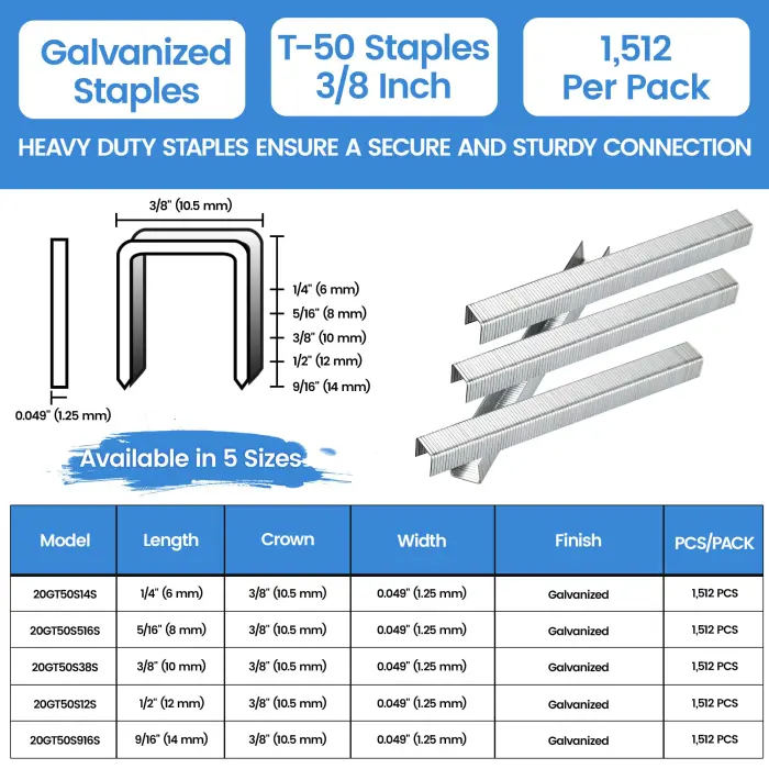 meite Staples for Staple Gun, 3/8 Inch Length Heavy Duty T-50 Staples, Galvanized, 20 Gauge 3/8" Crown, Compatible with T-50 Staple Gun, Ideal for Upholstery, Construction, Furniture (1,512 Counts) - Image 7