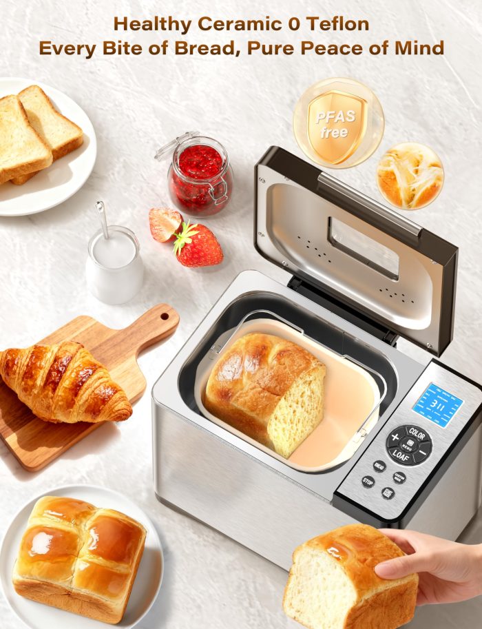 KBS 2LB 19-in-1 Programmable Bread Maker, Stainless Steel Bread Machine with Nonstick Ceramic Pan,650W Bread Maker Machine with 15H Timer&1H Keep Warm,Sourdough,Gluten Free,3 Colors,53 Recipes,Silver - Image 8