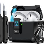 R-fun Compatible with AirPods 4th Gen Case, Full Drop Protection Auto Pop-Up Lid and Lock Design with Cleaner Kit and Keychain for AirPods 4 2024-Black