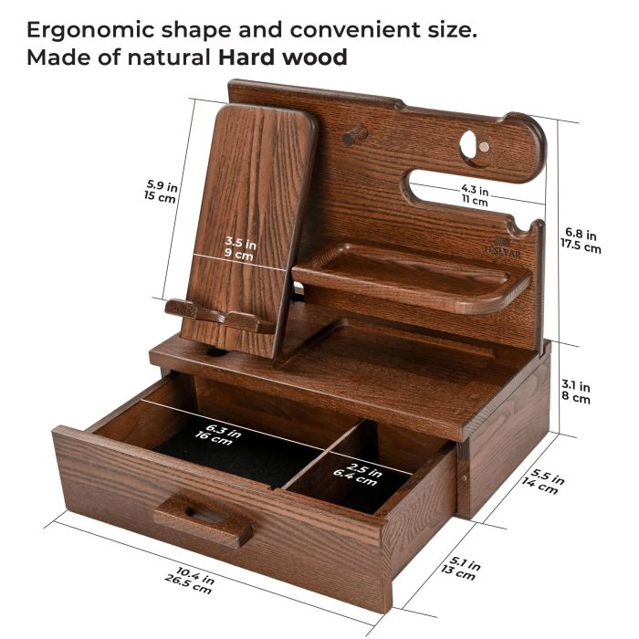TESLYAR Wood Phone Docking Station with Drawer - Nightstand Organizer - Desk Organizer for Husband - Birthday Gifts for Men, Dad, Anniversary Idea, Key Holder Stand Watch & Accessories (Bourbon Brown) - Image 4