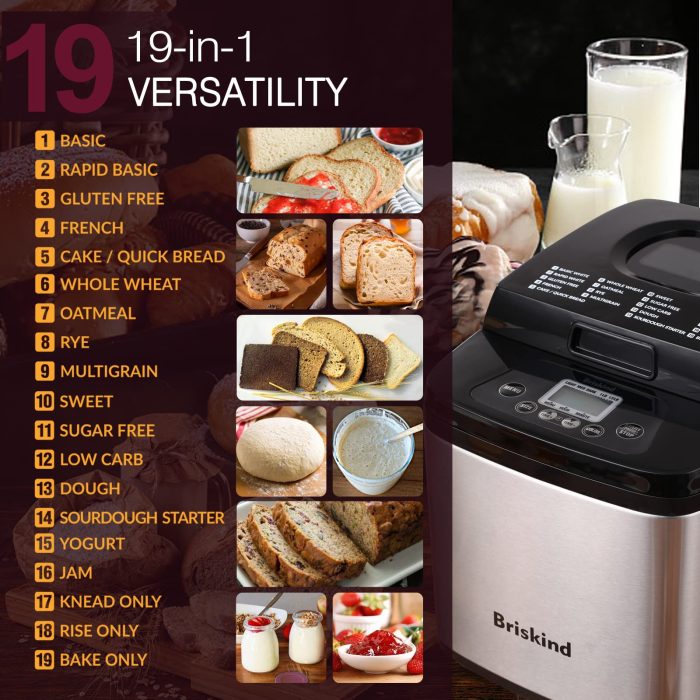 Briskind 19-in-1 Compact Bread Maker Machine, 1.5 lb / 1 lb Loaf Small Breadmaker with Carrying Handle, Including Gluten Free, Dough, Jam, Yogurt Menus, Bake Evenly, Automatic Keep Warm, 3 Crust Color - Image 5